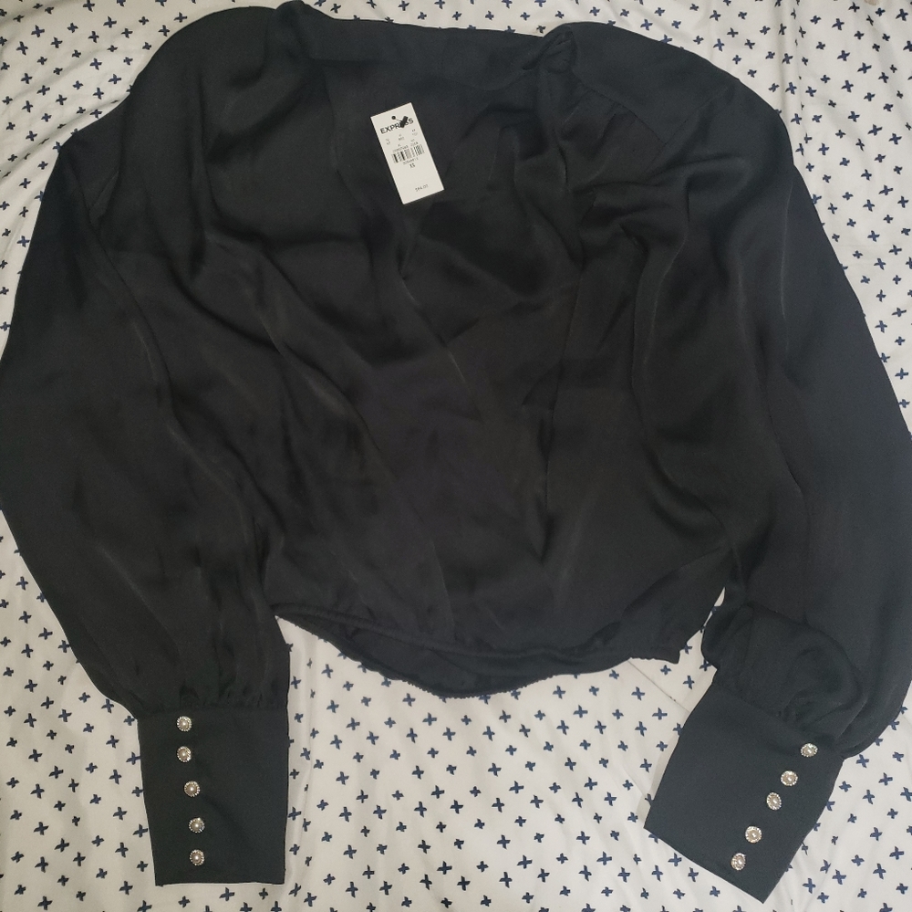 Express Black Embellished Cuff Draped Front Top